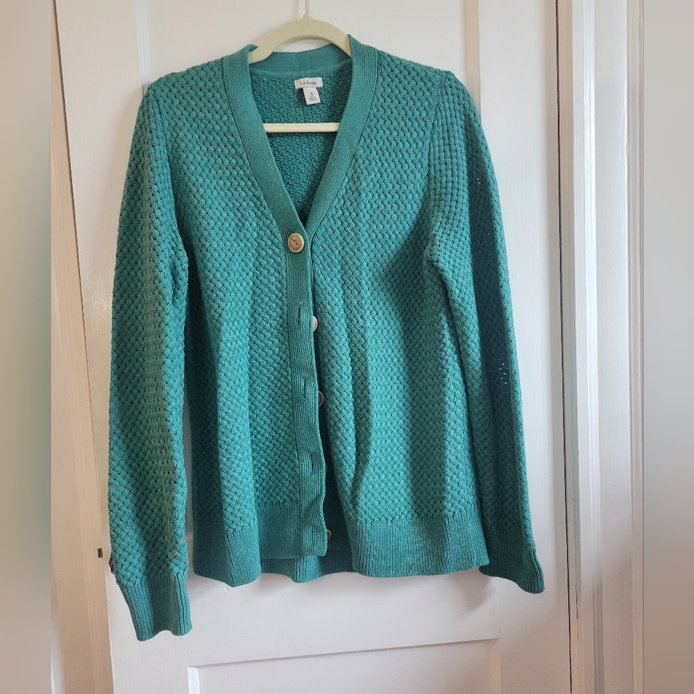 L.L. Bean teal basketweave cotton cardigan